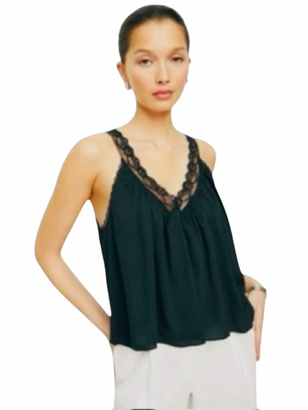 Reformation Black Lace Trim Silk Tank Top